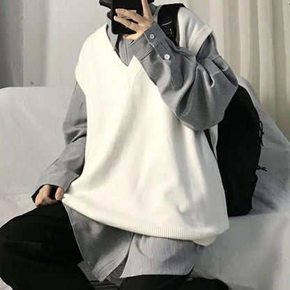 Men Sweater Vest V Neck Solid Color Sleeveless All Match Spring Sweater for School Male Pullovers Men's Clothing Streetwear Street King Limited