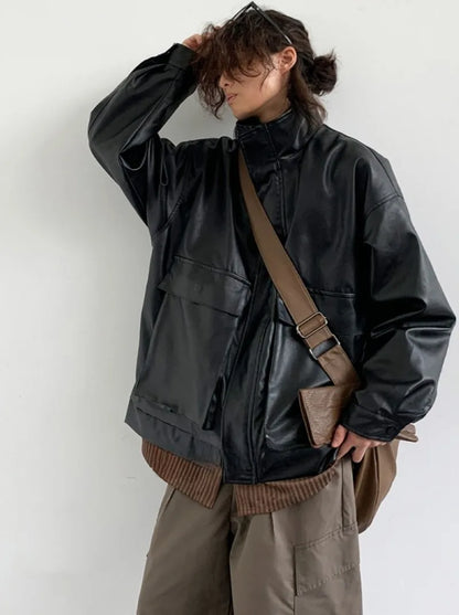japanese spring pu leather jacket mens high street black profile tooling pilot jacket loose standing collar motorcycle outwear unique default style 2075