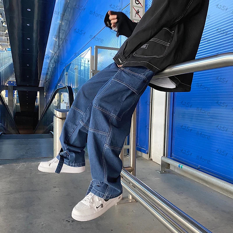 men jeans wide leg denim pants loose straight baggy mens jeans hip hop streetwear skateboard neutral denim trousers cargo jeans military streetwear pants