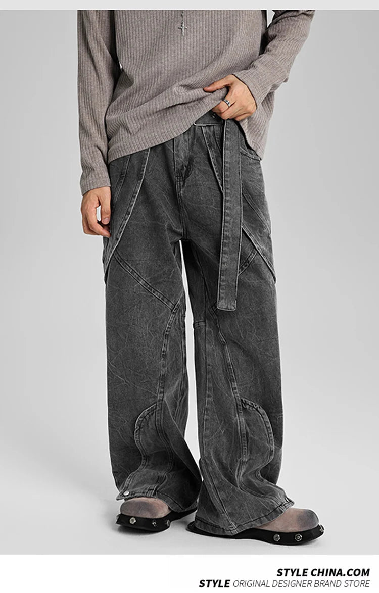american high street vibe fashion splice jeans mens belt loose casual vintage wide leg straight denim baggy jeans pants trouser unique jeans style 1380