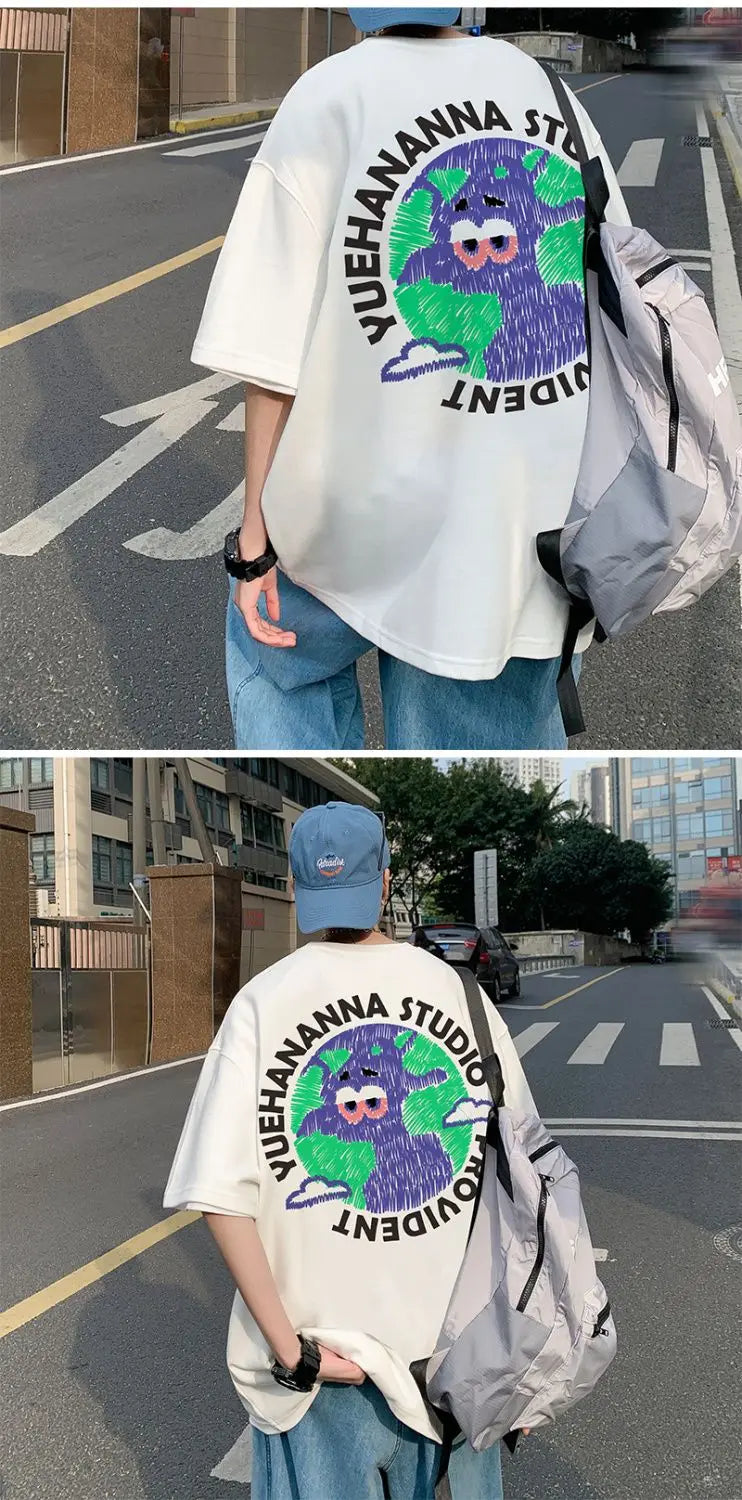 Pure cotton T-shirt men's new loose oversize short top summer tight Hong Kong style round neck American ins short sleeves tops Street King Limited