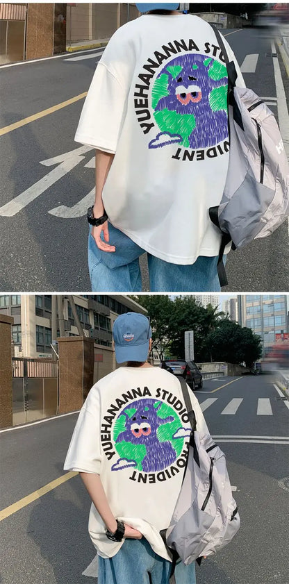 Pure cotton T-shirt men's new loose oversize short top summer tight Hong Kong style round neck American ins short sleeves tops Street King Limited