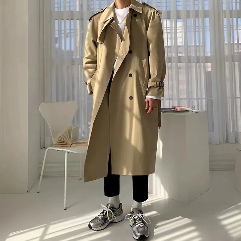 Khaki Black Trench Coat Men Fashion Autumn Oversized Long Coat Men Korean Loose Windbreaker Jacket Mens Overcoat M-2XL Street King Limited