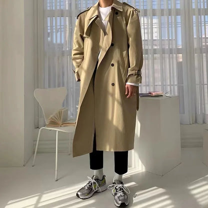 Khaki Black Trench Coat Men Fashion Autumn Oversized Long Coat Men Korean Loose Windbreaker Jacket Mens Overcoat M-2XL Street King Limited
