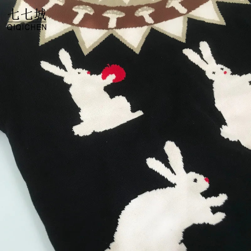 Japanese Knitted Sweater Women Men Cartoon Rabbit Pullover Jumpers Streetwear Hip Hop O-neck Loose Knitwear Sweater Tops Unisex Street King Limited