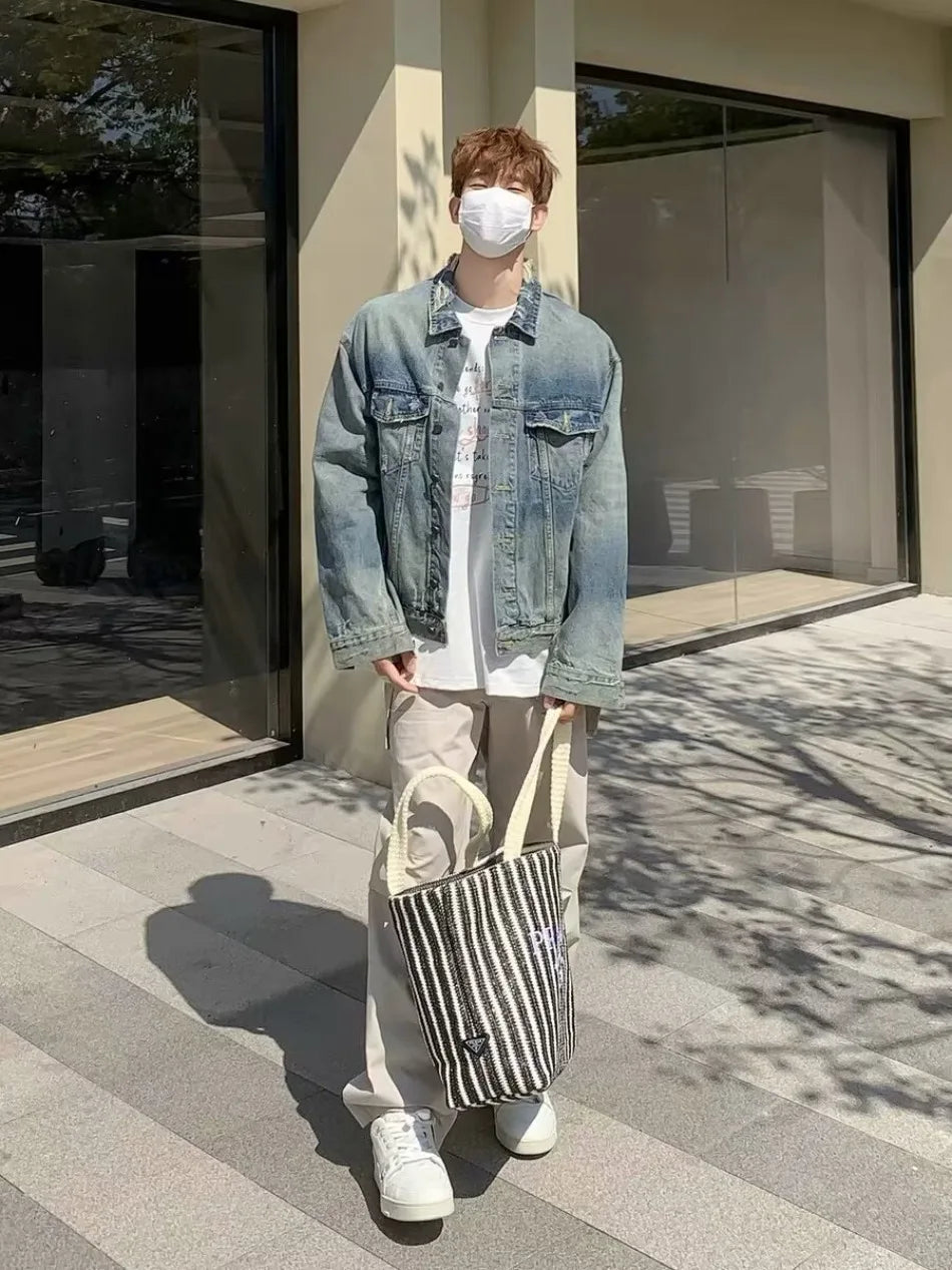 high street washed denim jacket mens trends new spring streetwear single breasted casual hip hop coats loose cowboy outwear unique jeans style 3994