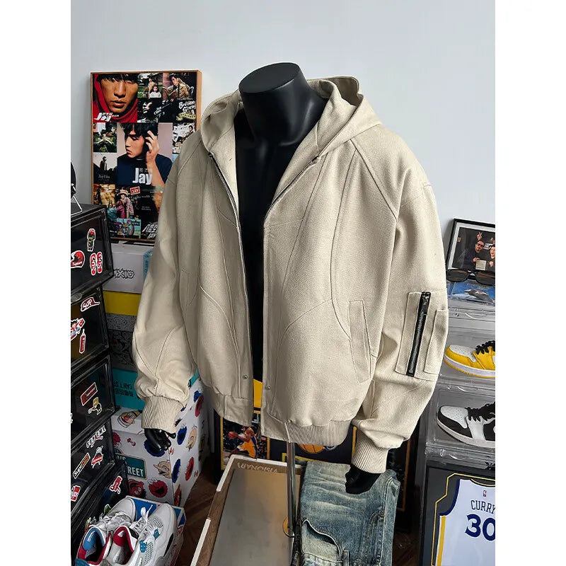 spring autumn hood bomber jacket men streetwear fashion loose casual hooded short cargo jacket cityboy coat outerwear unique cargo style 257
