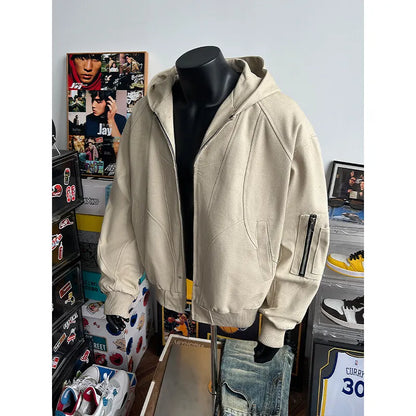 spring autumn hood bomber jacket men streetwear fashion loose casual hooded short cargo jacket cityboy coat outerwear unique cargo style 257