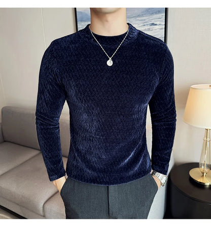 Autumn Winter Semi-turtleneck Stretch Slim Fit Long Sleeve Tshirt Men Thicken Velvet Jacquard Casual T-shirt Bottom T Shirt Street King Limited