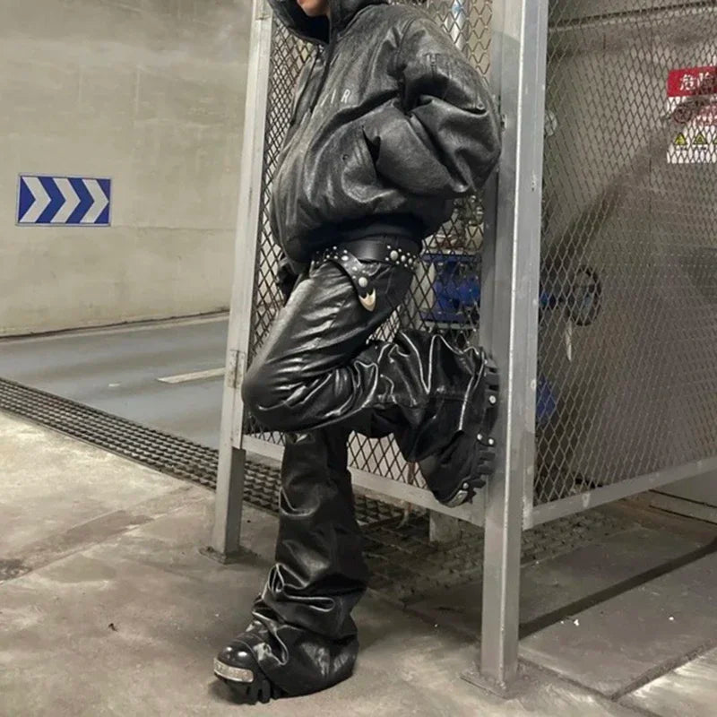 high street wide leg glossy pu leather pants sashes boot cut men and wome straight baggy casual jeans oversized flared trousers unique jeans style 3635