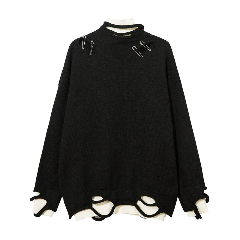 Men Knitted Sweater Harajuku Fake Two Pieces Loose Sweater Casual Ripped Holes Shoulder Long Sleeve Pullover Streetwear Sweaters Street King Limited