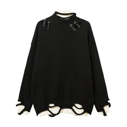 Men Knitted Sweater Harajuku Fake Two Pieces Loose Sweater Casual Ripped Holes Shoulder Long Sleeve Pullover Streetwear Sweaters Street King Limited