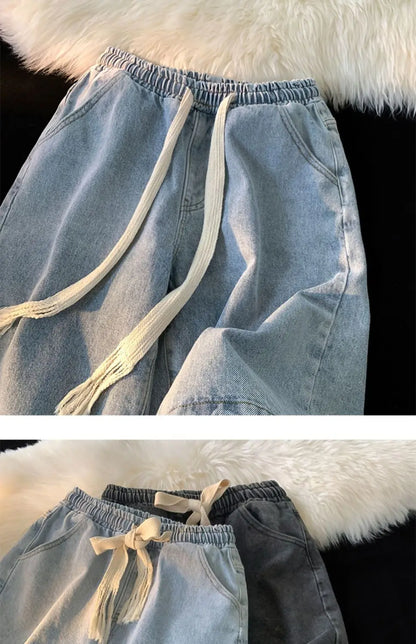 American denim shorts men's summer thin denim shorts elastic waist loose American retro high street pants men clothing y2k tops Street King Limited