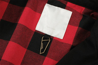 Undermycar 2023 New Worn Out Heavy Work Durable Splice Extra Large Loose Plaid Shirt with Black and Red Plaid Street King Limited