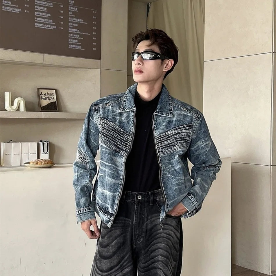 vintage washed mens denim jacket heavy weight high street contour pleat design cowboy coats short motorcycle hip hop outwear unique jeans style 3686