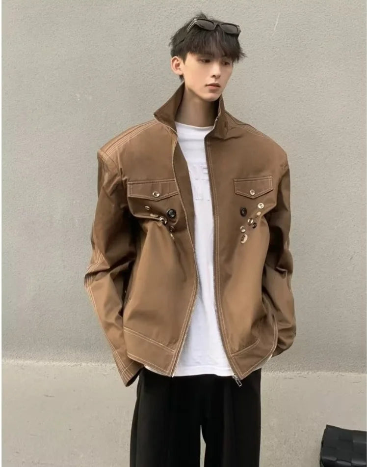 spring retro irregular button mens jacket shoulder pad design trend high street coats motorcycle fashion stand collar outwear unique default style 3855
