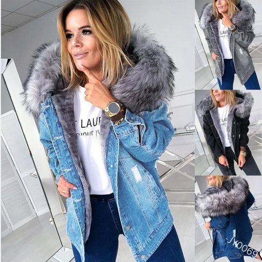 european and american retro hooded large fur collar denim jacket stylish casual warm mid length ripped and distressed jacket denim street jeans