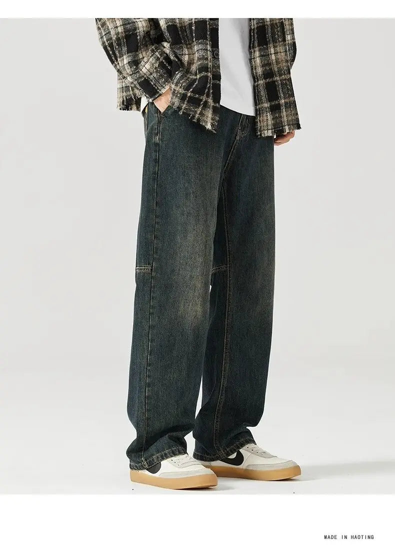 american style new retro heavy duty washed straight leg jeans for men and women simple and loose trendy wide leg casual pants unique jeans style 4675