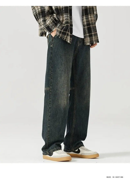 american style new retro heavy duty washed straight leg jeans for men and women simple and loose trendy wide leg casual pants unique jeans style 4675