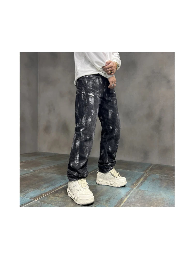 2024 y2k fashion streetwear wide leg denim pants men loose straight jeans high street spring autumn graffiti baggy trousers stacked flare jeans