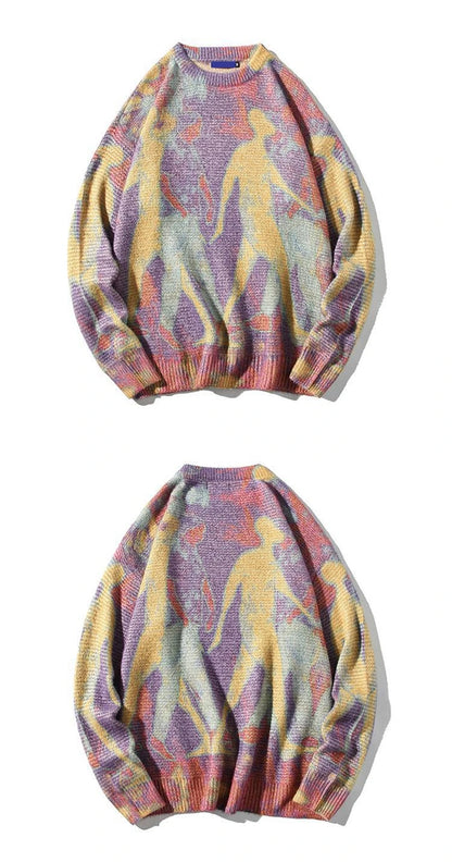 Rainbowtouches Men Sweater High Street Printing Graffiti Purple Pullover Vintage Round Neck Knitted Sweater Spring And Autumn Street King Limited