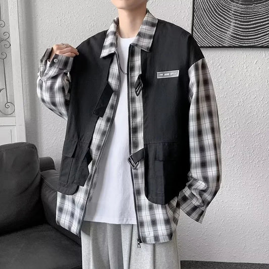 Streetwear New Fake Two Piece Zip Plaid Cargo Shirts Mens Japanese Streetwear Fas 2024 New Fake Two Piece Zip Plaid Cargo Shirts Mens Japanese Streetwear Fashion Social Shirt Autumn Long Sleeve Baggy Y2K Shirt Fashion Sweater Jacket With Graphic Design For Men