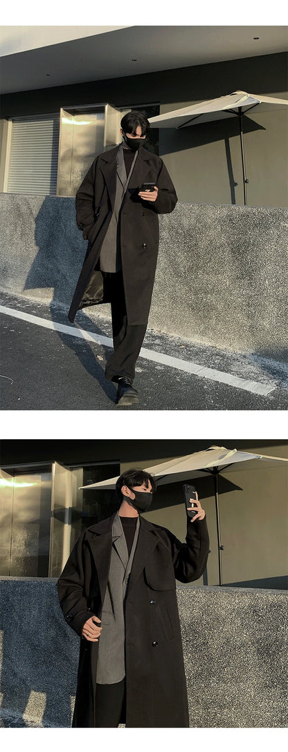 Men's Autumn Winter Mid Length Woolen Coat New Korean Tide Black Thickned Overcoat Long Sleeve Double-breasted Jackets Street King Limited