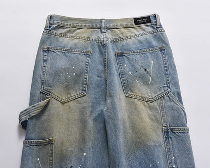 front zipper hole distressed washed vintage mens jeans pants harajuku y2k straight ink painted baggy denim trousers oversized unique jeans style 1970