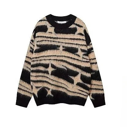 japanese hip hop sweater set men contrast zebra pattern round neck knit top splicing distressed loose jeans 2 pcs harajuku suit unique jeans style 3964