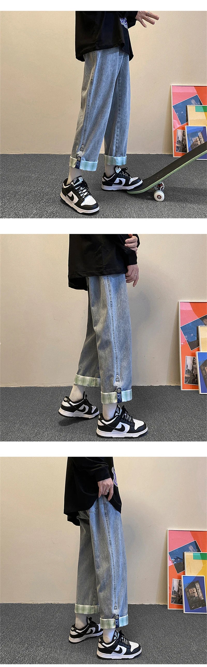 autumn plaid cuffs wide leg jeans for men high street fashion straight denim pants mujer elastic y2k baggy blue jean trousers unique jeans style 838