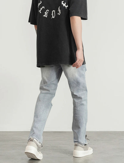 destroied big holes ripped denim jeans mens distressed biker jeans fashion high street slim straight pants streetwear joggers sporty tapered joggers