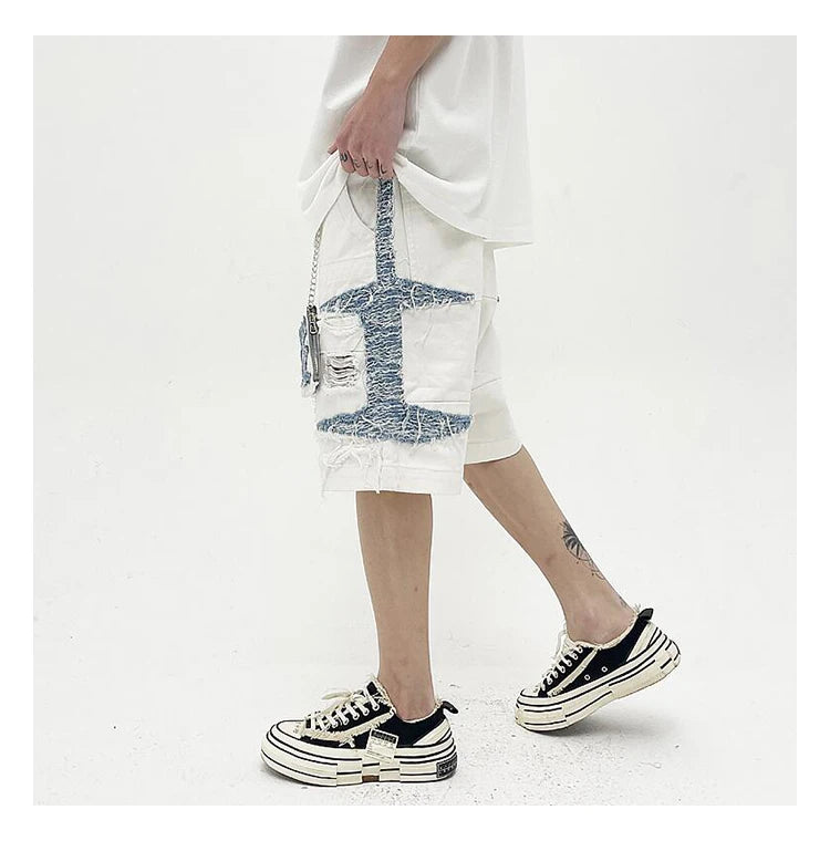 Mens High Street Denim Jean Shorts Casual Loose Destroyed Ripped Holes Loose Shorts Patchwork Hip Hop Streetwear Short Joggers Street King Limited