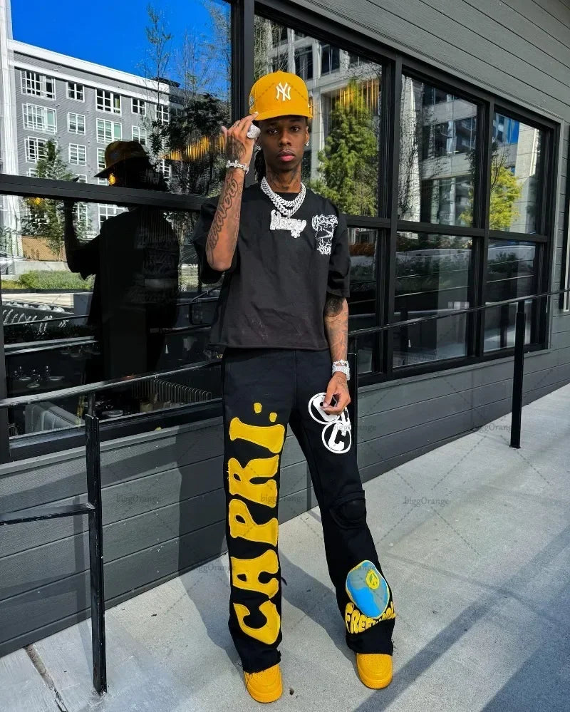 european and american new embroidered oversized trousers men y2k trendy hip hop knitted pants loose casual wide leg pants women relaxed fit trousers
