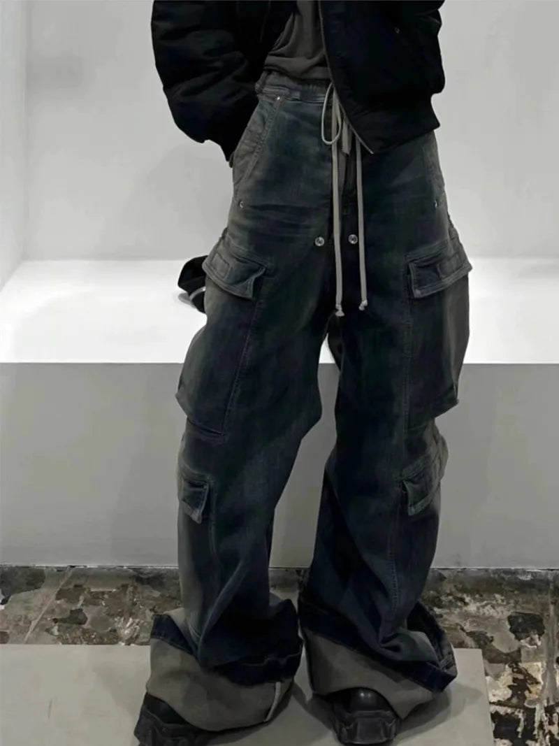 fashion denim baggy cargo jean pants men hip hop elastic waist wide legs retro washed jeans side pocket streetwear jeans joggers urban active pants