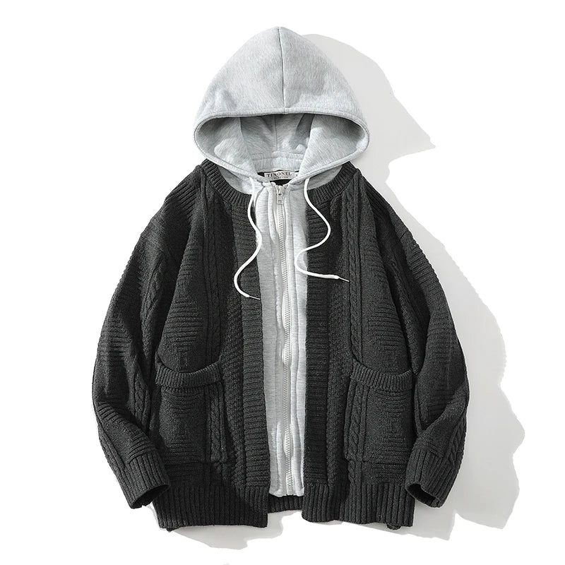 men hooded knitted cardigan sweater coat autumn winter fake two piece hooded drawstring jacket unisex streetwear unique default style 1088
