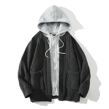 men hooded knitted cardigan sweater coat autumn winter fake two piece hooded drawstring jacket unisex streetwear unique default style 1088