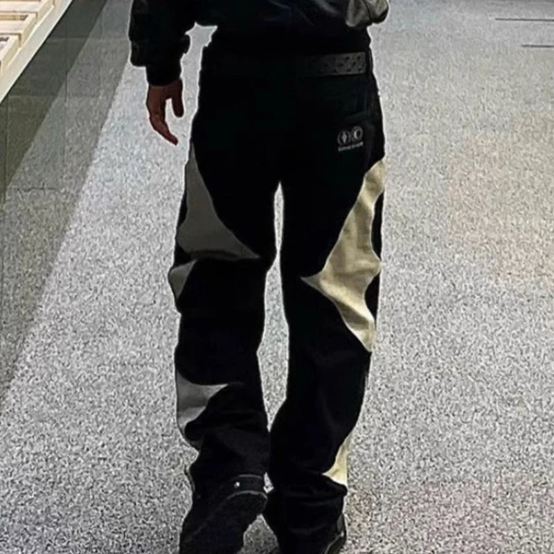 letter embroidery pu leaher patchwork baggy y2k jeans mens streetwear straight oversized denim trousers unisex cargo pants unique cargo style 98