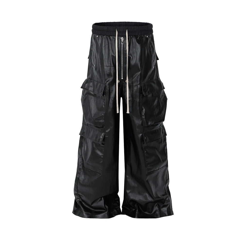 ro style matte pu leather pants for men high street y2k pantalones hombre baggy overall wide leg drawstring cargo pants baggy cargo bottoms