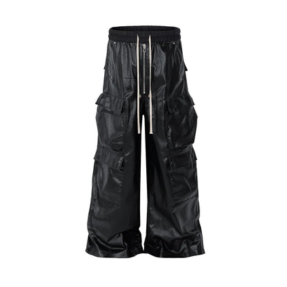 ro style matte pu leather pants for men high street y2k pantalones hombre baggy overall wide leg drawstring cargo pants baggy cargo bottoms