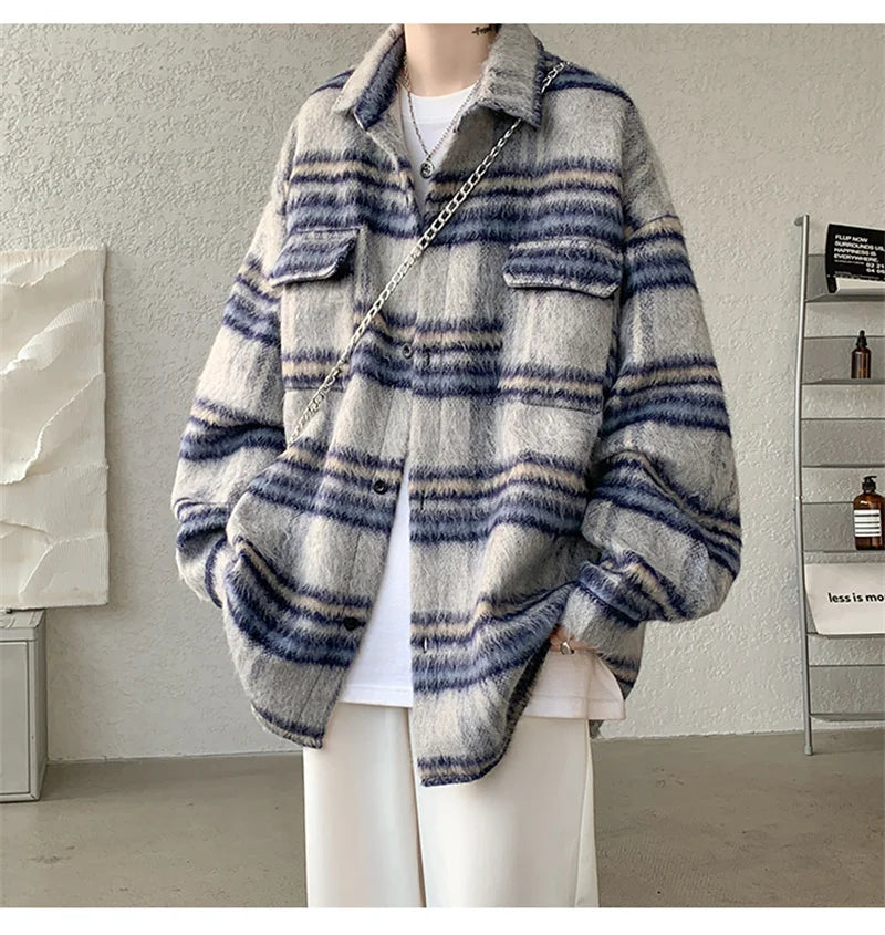 winter y2k vintage striped woolen jackets for men patchwork long sleeve plaid cardigan coats high street cargo shirt jacket unique cargo style 69