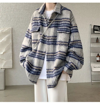 winter y2k vintage striped woolen jackets for men patchwork long sleeve plaid cardigan coats high street cargo shirt jacket unique cargo style 69