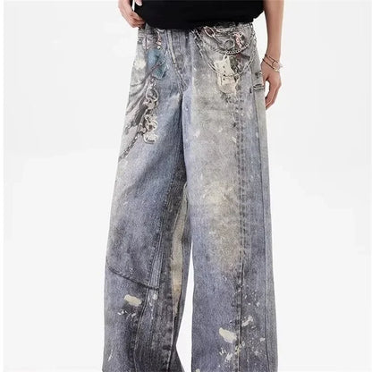 new 3d chain printed baggy jeans for men and women casual baggy straight denim pants high street wide leg y2k blue jean ripped baggy denim