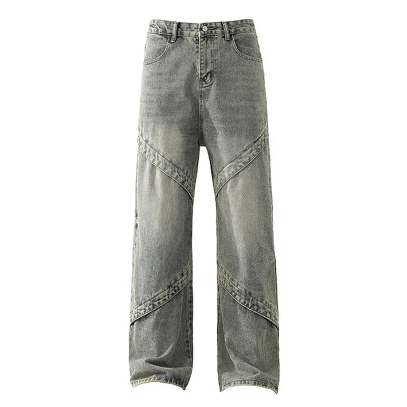 Men Jeans Splicing Washed Distressed Denim Trousers Fashion Vintage Streetwear High Street Loose Straight Wide Leg Casual Pants Street King Limited