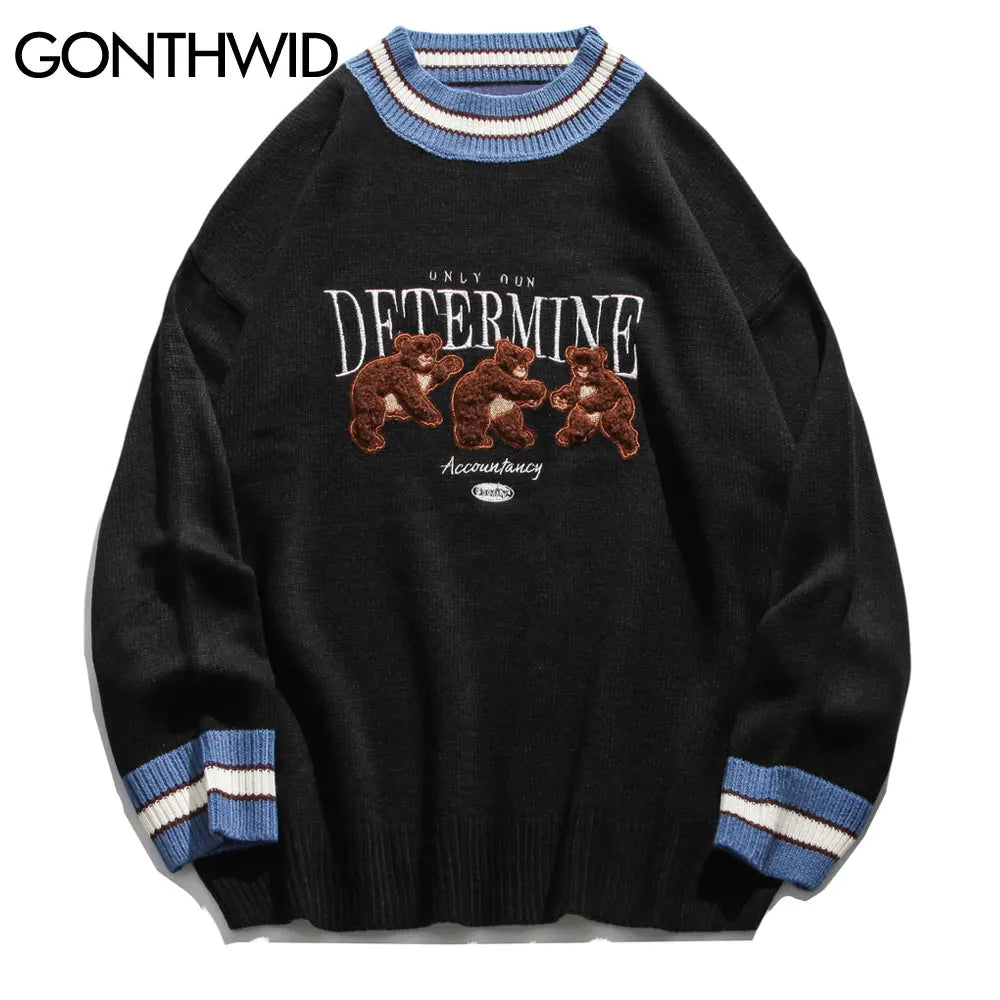 GONTHWID Bear Patchwork Striped Knitted Jumpers Sweaters Streetwear Hip Hop Harajuku Casual Pullover knitwear Mens Fashion Tops Street King Limited