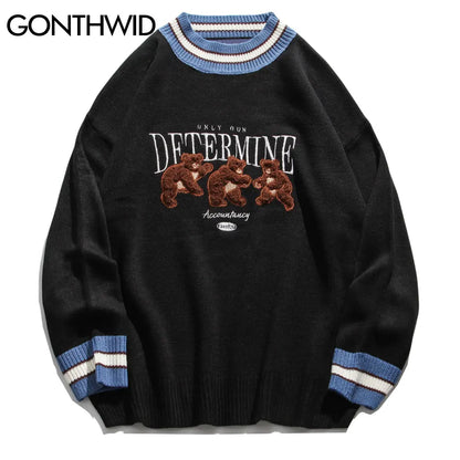 GONTHWID Bear Patchwork Striped Knitted Jumpers Sweaters Streetwear Hip Hop Harajuku Casual Pullover knitwear Mens Fashion Tops Street King Limited