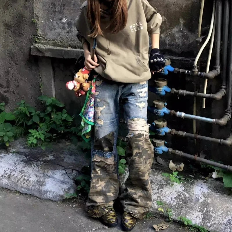 Trendy Camo Cowboy Cargo Pants Mens Spring Autumn Elasticity Fashion Harajuku Patchwork Straight Jeans New Washed Denim Trousers Street King Limited