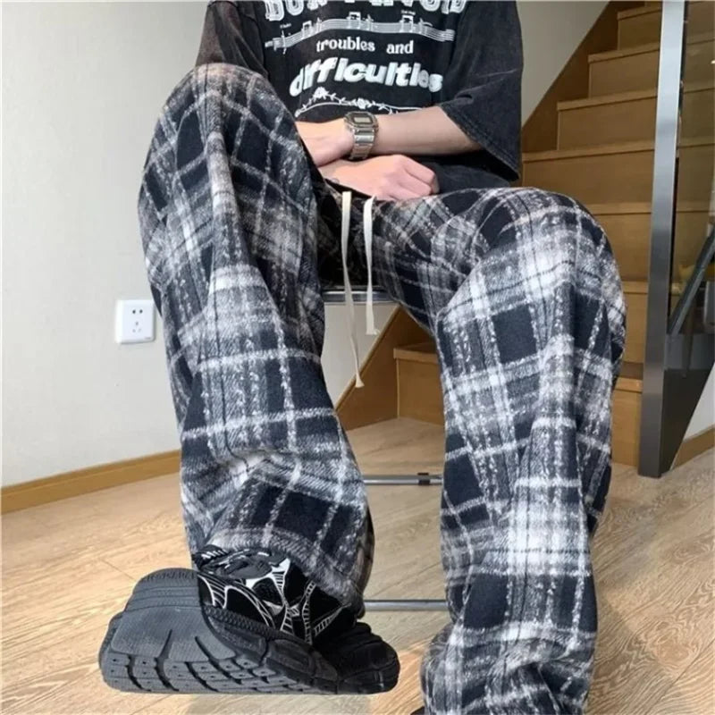 new mens y2k plaid casual baggy trousers autumn korean fashion straight woolen pants y2k vintage streetwear pantalones hombre menswear bottoms