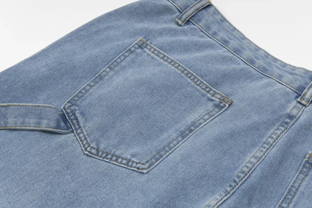 new contrast color pockets washed blue baggy denim trousers mens and women straight patchwork loose casual jeans oversize cargos unique cargo style 185