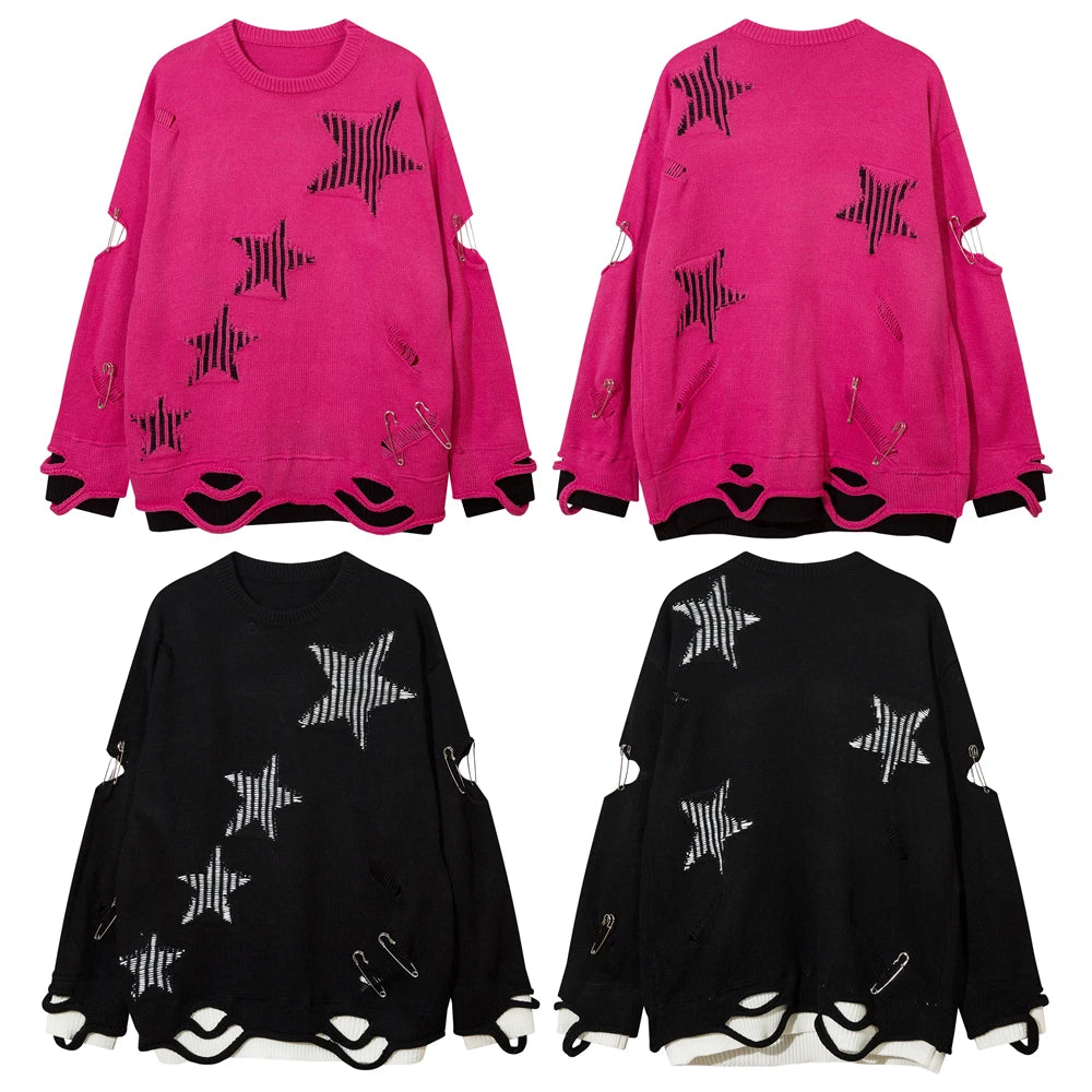 2023 Hip Hop Knitted Sweater Streetwear Star Graphic Distressed Ripped Pullover Men Harajuku Casual Knitwear Unisex Punk Street King Limited