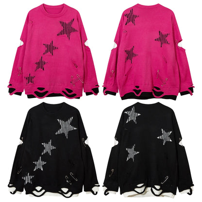 2023 Hip Hop Knitted Sweater Streetwear Star Graphic Distressed Ripped Pullover Men Harajuku Casual Knitwear Unisex Punk Street King Limited